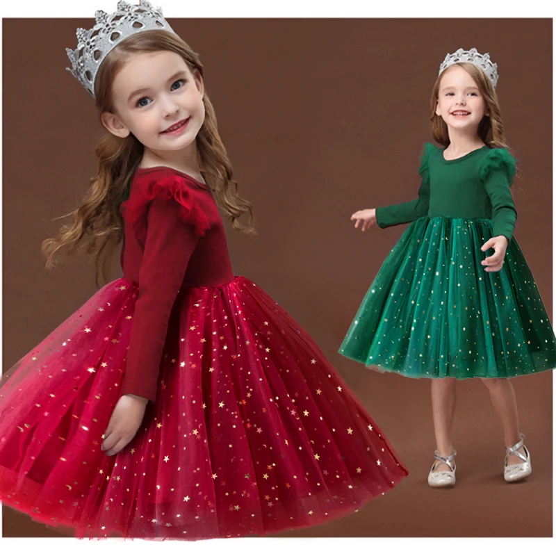 Baby Girl Dress 3-8T Vaikų Drabužių Žvaigždės China ilgomis Rankovėmis Tinklelio Suknelė Kalėdų Bithday Šalies Mergina Aprangą Princesė Suknelė