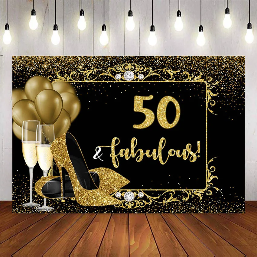 Laimingas 50-mečio pasakų fone Aukšti kulniukai, Šampano, Aukso Blizgučiai Nuotrauka Fone Studija penkiasdešimt gimtadienio dekoracijos