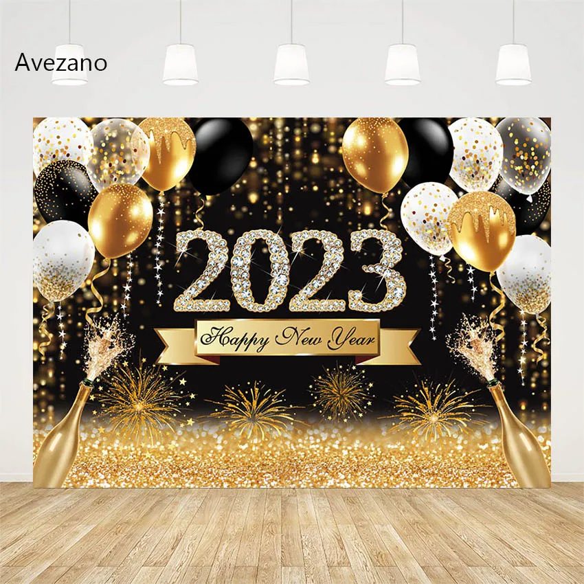 Avezano Fotografijos Fone Laimingų Naujųjų Metų 2023 Šalis Dekoro Balionas Blizgučiai Aukso Šampano Fone Studija Nuotrauka Zonoje Rekvizitai