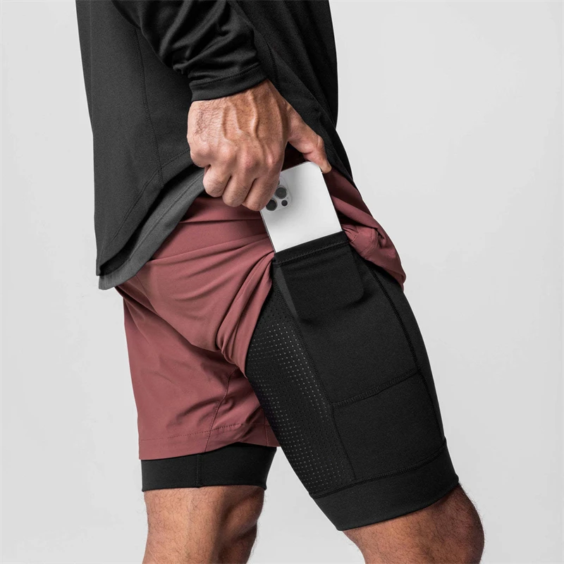Vasaros jogger dvigubo sluoksnio 2-in-1 fitneso vyriški šortai su built-in kišenių ir daugiafunkcinis sporto kelnės