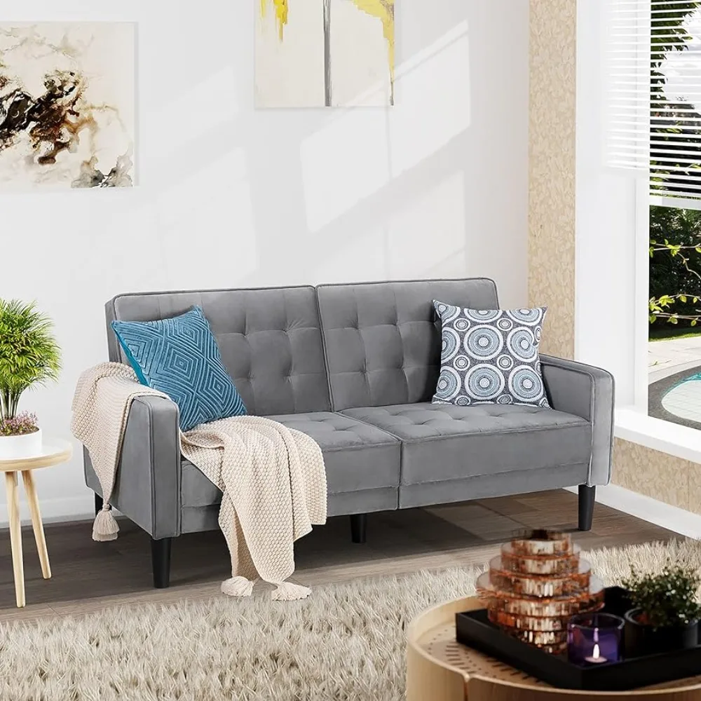 Šiuolaikinės dvigulė sofa, aksomo, paminkštintas futonas, sulankstomas/reguliuojamas sofa-lova, tinka svetainė, miegamasis, butas (juoda)
