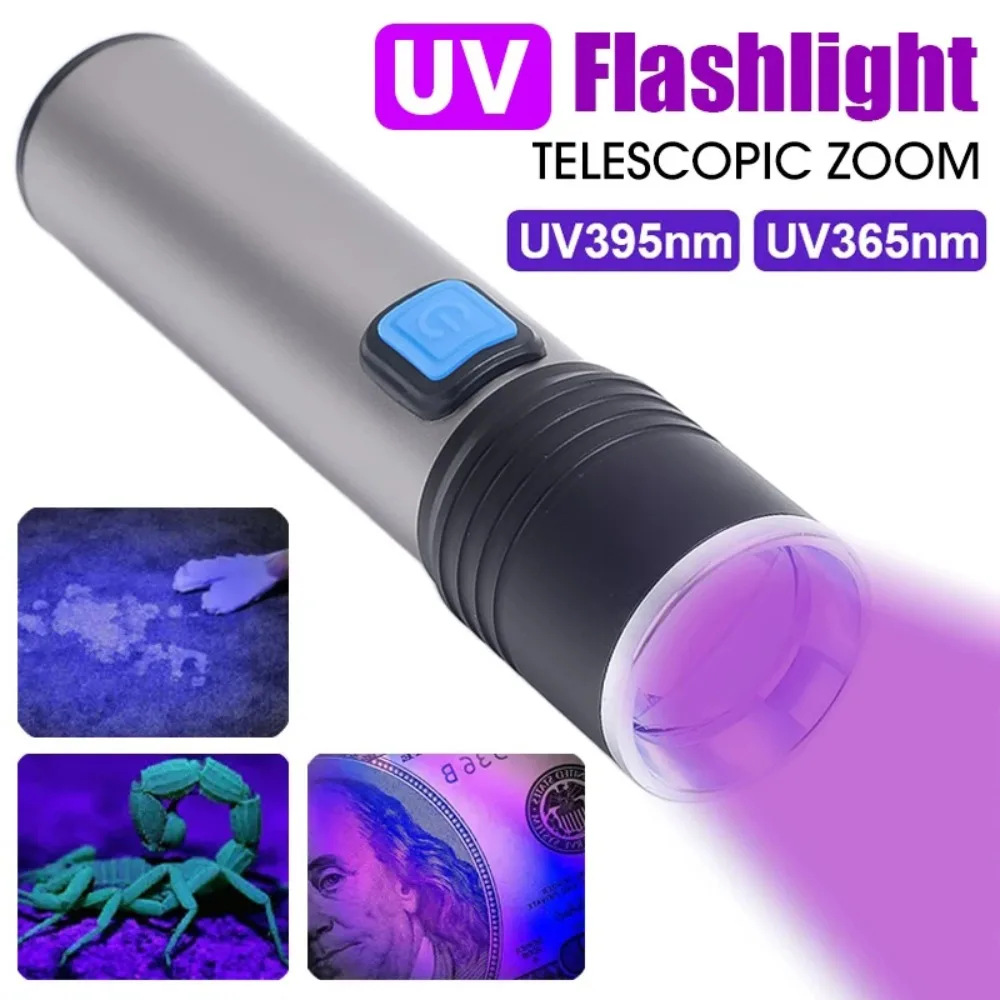 3Gears LED Ultravioletinė Žibintuvėlis 365/395nm Ištraukiama Zoom Žibinto Lempa USB Įkrovimo Liuminescencinės Agentas Tikrinimo Žibintuvėlis