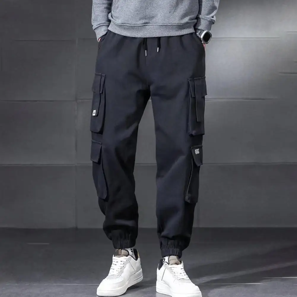 Vyrai Multi Kišenės Susitraukiantis Rankogaliai Sutirštės Krovinių Kelnės Vyrų Rudens-Žiemos Raišteliu Vilnos Pamušalu Sweatpants Streetwear