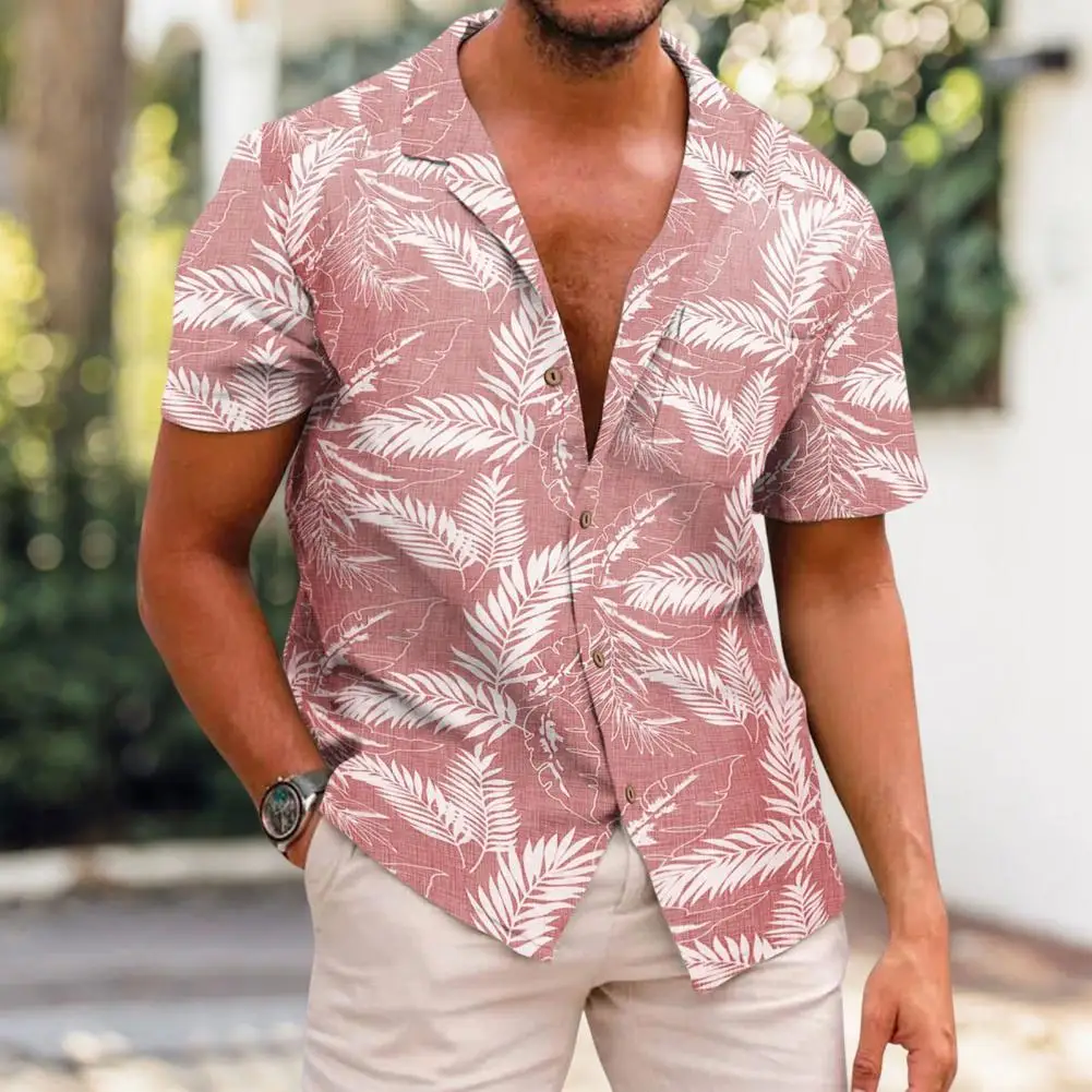 Vyrai Vasarą Atvartas Trumpas Rankovės Marškinėliai Viršuje Lapai Print Single-Breasted Plonas Havajų Paplūdimyje Atsitiktinis Marškinėliai Streetwear Medvilnės Skalbiniai