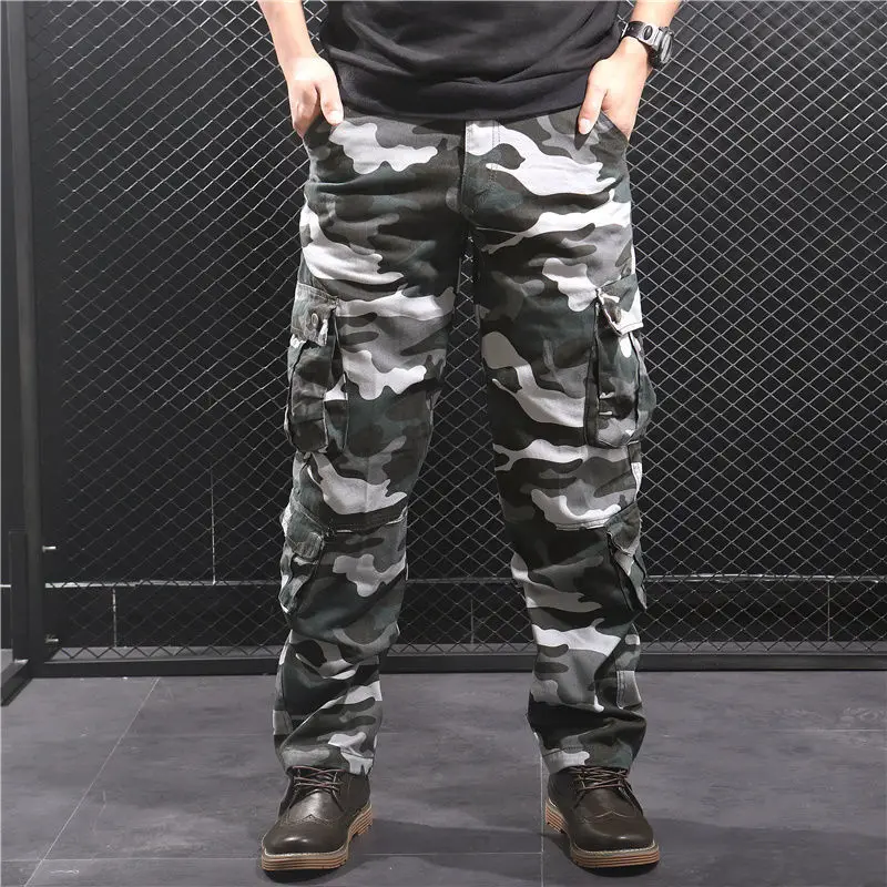 Plus Size 28-44 Kamufliažas Krovinių Pants Mens Karinis Taktinis Multi Kišenės Prarasti Baggy Aukšto Juosmens Tiesiai Vyras Atsitiktinis Kelnės