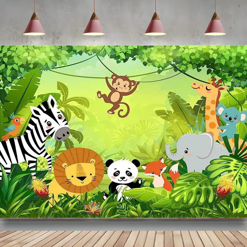 Džiunglių Gyvūnų Fonas Žalias Miškas Animacija Vaikams Panda Liūtas, Mielas Gyvūnijos Zebra Fotografijos Fono Foto Studija Šaudyti