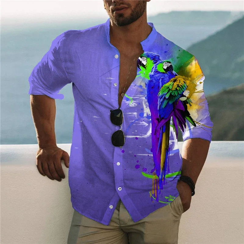 3D Papūga Spausdinti Vyrų Socialinės Marškinėliai Havajų Paplūdimio Atostogų ilgomis Rankovėmis Atvartas, Negabaritinių Viršūnes Vyrų Drabužiai Atsitiktinis Camisa Masculina