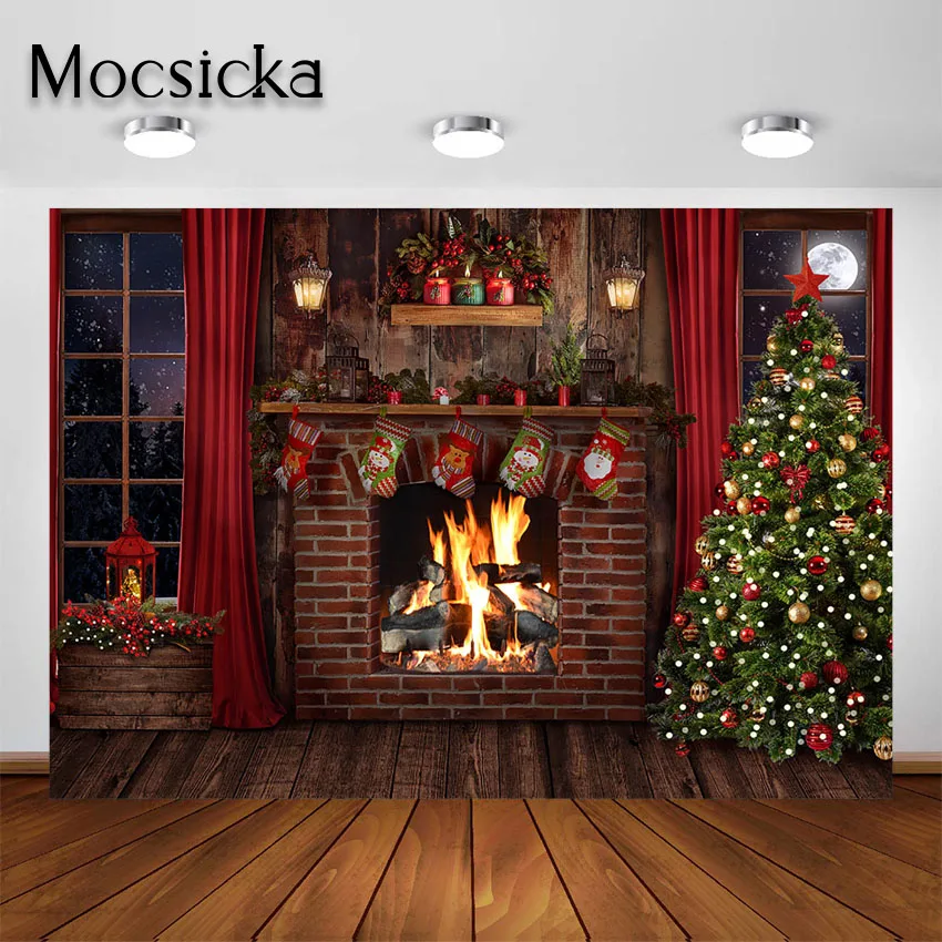 Mocsicka Kalėdų Židinys Backdrops Fotografijos Kaimiškas Plytų Židinys Kalėdų Medžio Patalpų Atostogų Portretas Fone