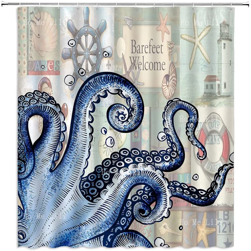 Octopu Čiuptuvai Dušo Užuolaidos Vandenyno Kraken Inkaro Vairo Žvaigždė Švyturio Jūros Gyvybės Po Vandeniu Retro Dekoras Su Kabliukais