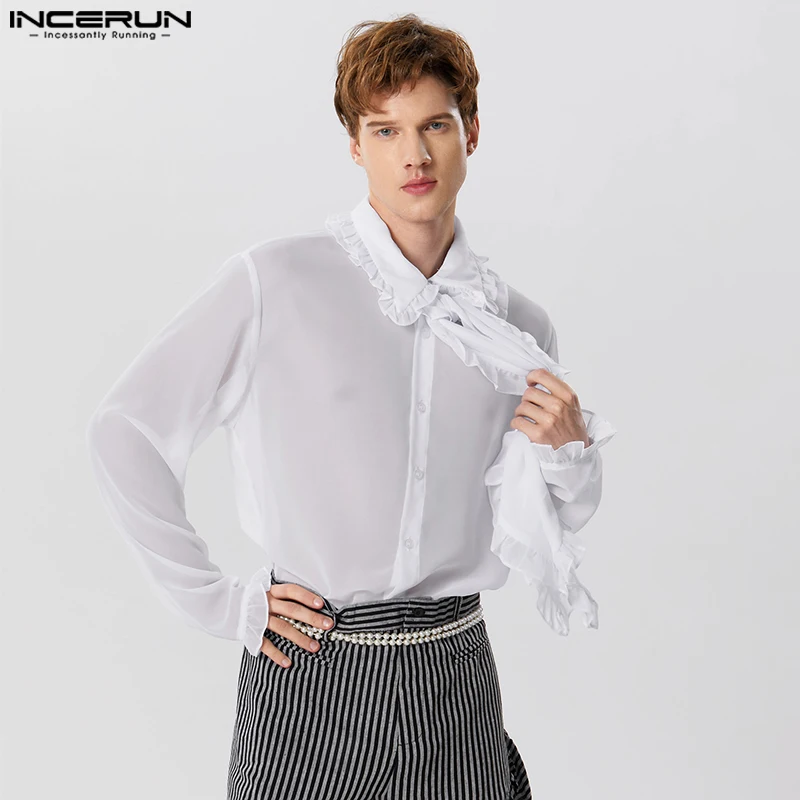 INCERUN Viršūnes 2023 Amerikietiško Stiliaus Stilingas Vyrų Šifono Micro permatomas Nėrinių Dizaino Marškinėliai Laisvalaikio Plonas Ilgas Rankovėmis Palaidinė S-5XL