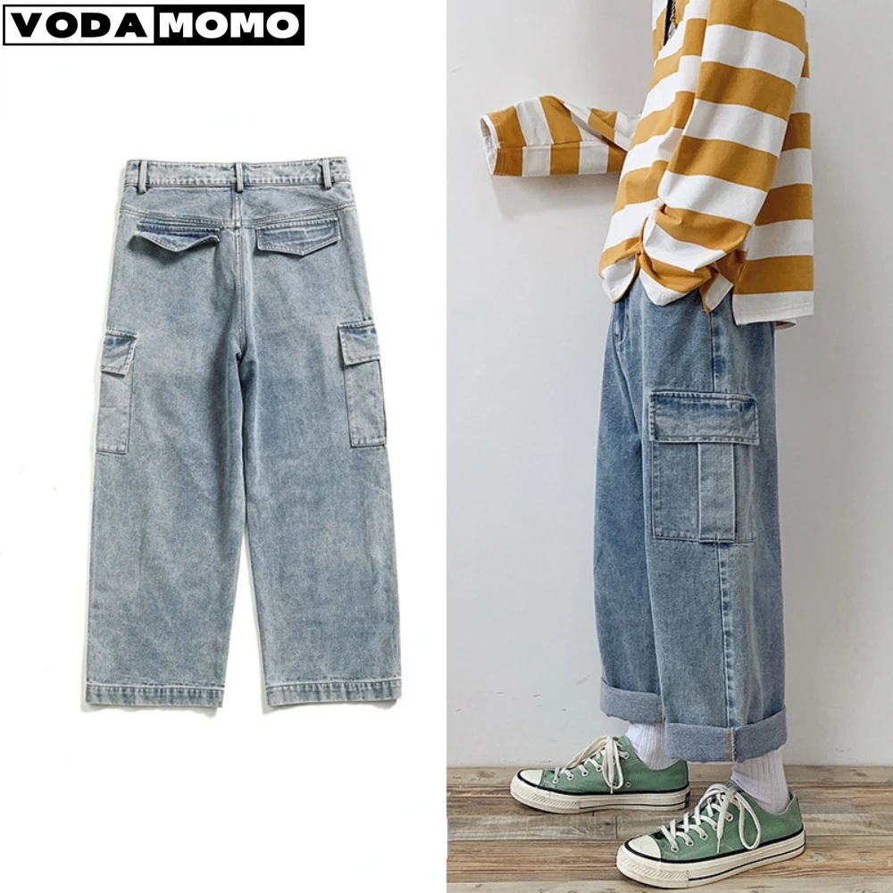 Kišenės Kratinys Jeans Mens Retro Vintage Džinsinio audinio Kelnės Vyrų Streetwear Tiesiai Pločio Kojų Jean Mėlyna Krovinių Kelnės, džinsai vyrams